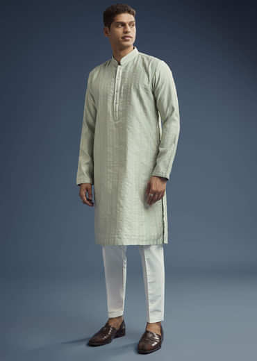 Green Textured Jacquard Kurta Set For Men