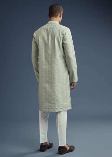 Green Textured Jacquard Kurta Set For Men