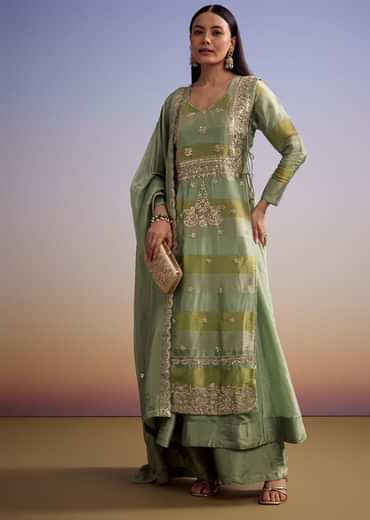 Green Tissue Anarkali Suit With Gotta Work And Dupatta