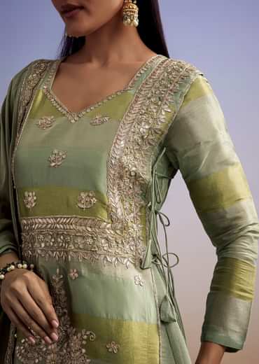 Green Tissue Anarkali Suit With Gotta Work And Dupatta