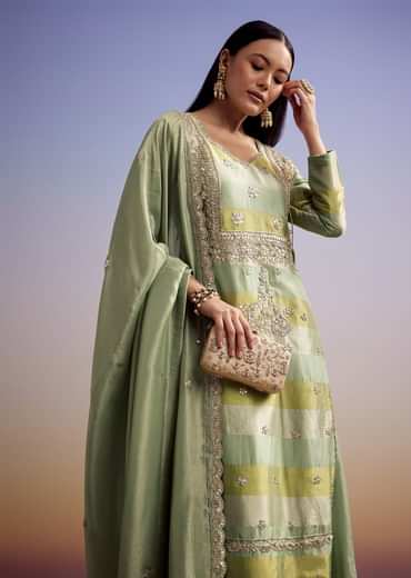 Green Tissue Anarkali Suit With Gotta Work And Dupatta