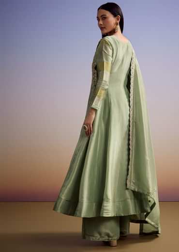 Green Tissue Anarkali Suit With Gotta Work And Dupatta