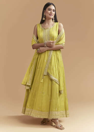 Green Tissue Anarkali Suit With Intricate Zari Work