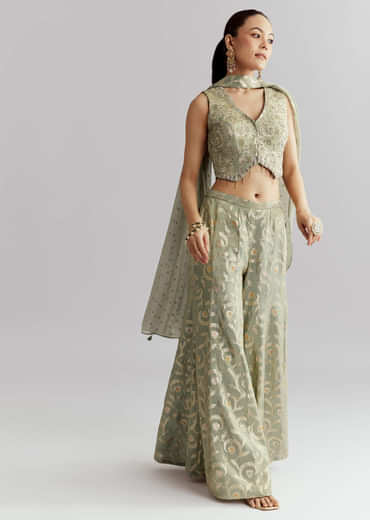 Green Tissue Crop Top And Palazzo Pant Set With Embroidery