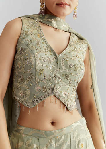 Green Tissue Crop Top And Palazzo Pant Set With Embroidery