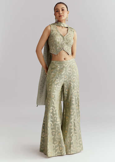 Green Tissue Crop Top And Palazzo Pant Set With Embroidery