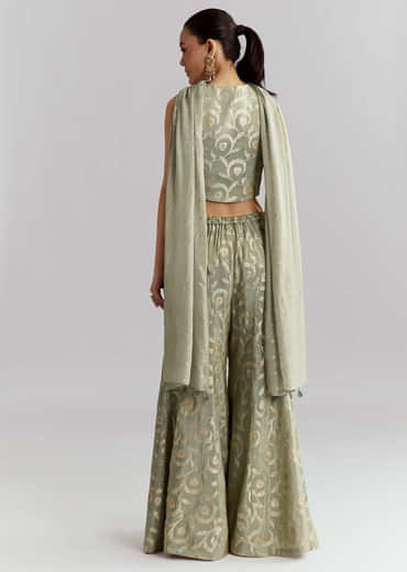 Green Tissue Crop Top And Palazzo Pant Set With Embroidery
