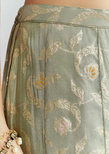 Green Tissue Crop Top And Palazzo Pant Set With Embroidery