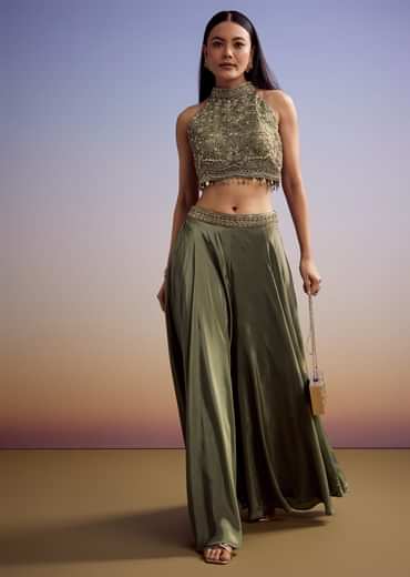 Green Tissue Crop Top Set With Orange Pastel Embroidery