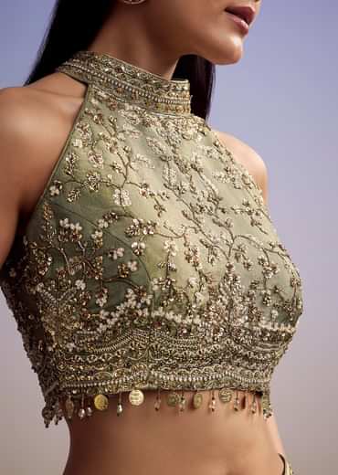 Green Tissue Crop Top Set With Orange Pastel Embroidery