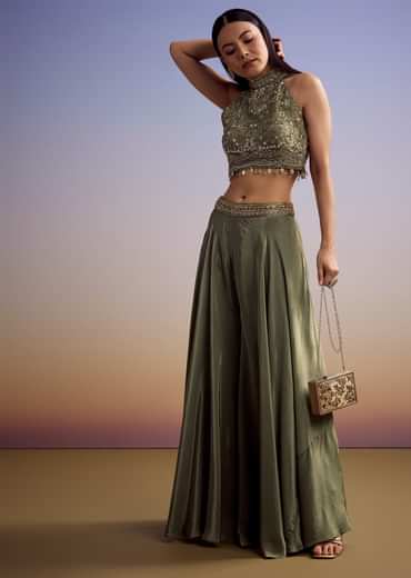 Green Tissue Crop Top Set With Orange Pastel Embroidery