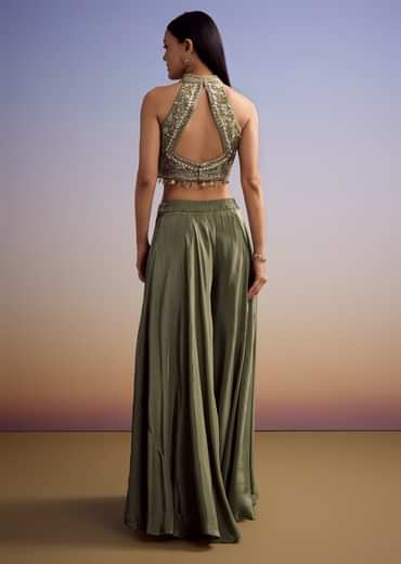 Green Tissue Crop Top Set With Orange Pastel Embroidery