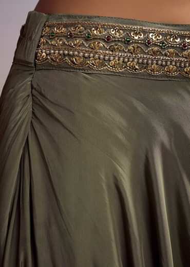 Green Tissue Crop Top Set With Orange Pastel Embroidery