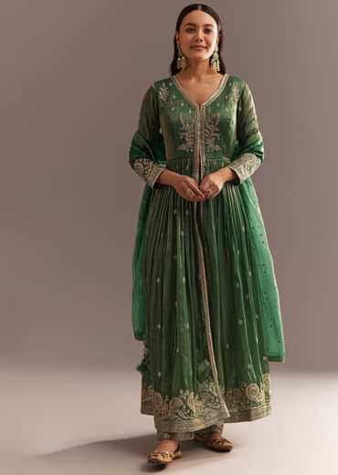 Green Tissue Embroidered Anarkali Pant With Organza Dupatta