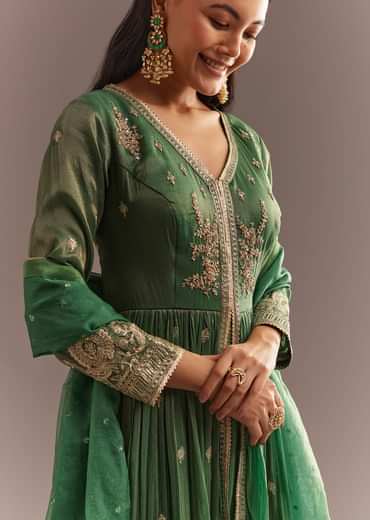 Green Tissue Embroidered Anarkali Pant With Organza Dupatta