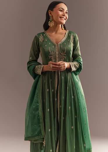 Green Tissue Embroidered Anarkali Pant With Organza Dupatta