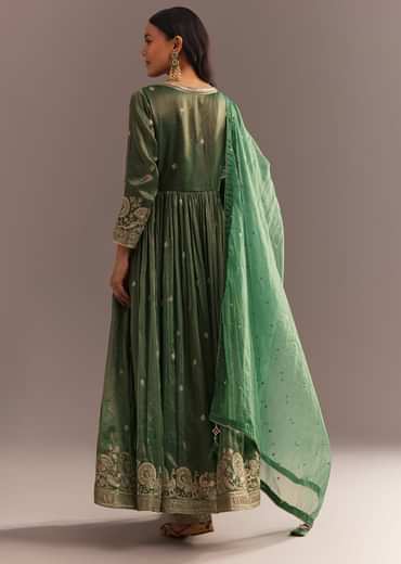 Green Tissue Embroidered Anarkali Pant With Organza Dupatta