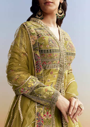 Green Tissue Kurta Lehenga Set