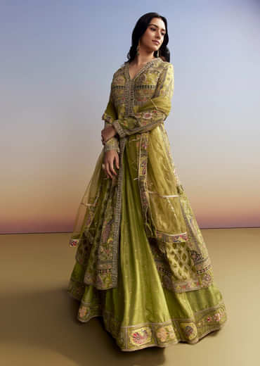 Green Tissue Kurta Lehenga Set