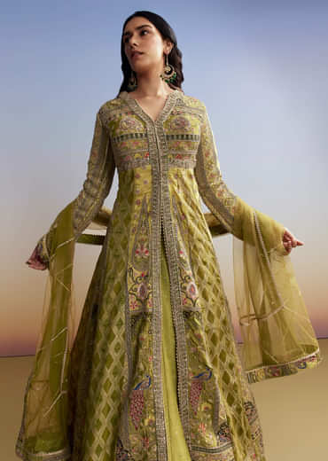 Green Tissue Kurta Lehenga Set