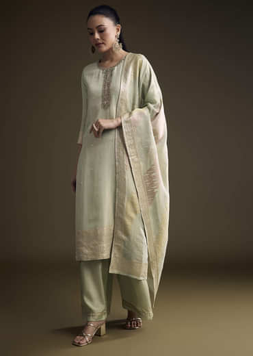 Green Tissue Kurta Set With Cutdana And Sequins Embroidery