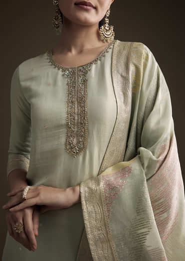 Green Tissue Kurta Set With Cutdana And Sequins Embroidery