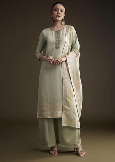 Green Tissue Kurta Set With Cutdana And Sequins Embroidery