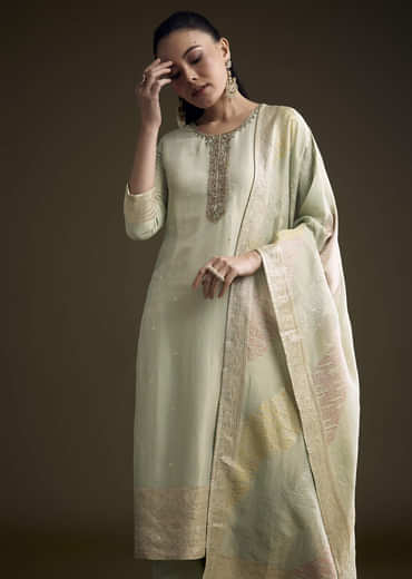 Green Tissue Kurta Set With Cutdana And Sequins Embroidery
