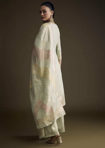 Green Tissue Kurta Set With Cutdana And Sequins Embroidery