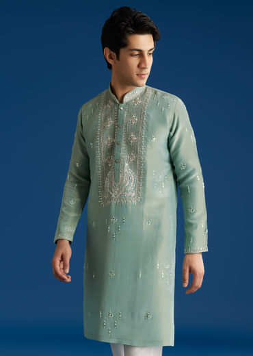 Green Tissue Kurta Set With Cutdana Yoke