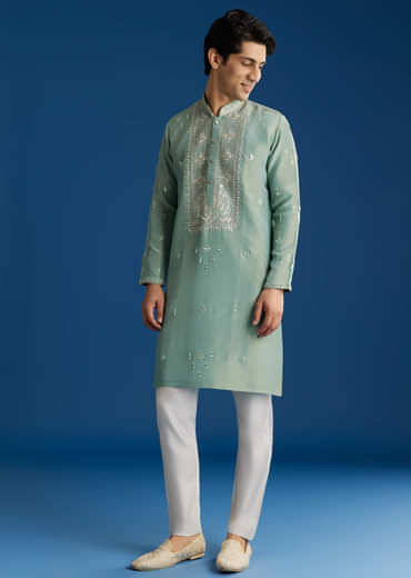 Green Tissue Kurta Set With Cutdana Yoke