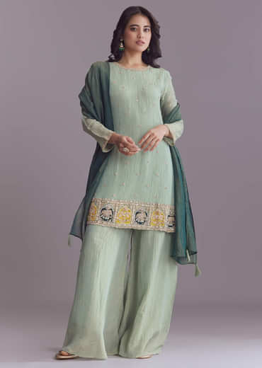 Green Tissue Palazzo Suit With Embroidery And Contrast Dupatta