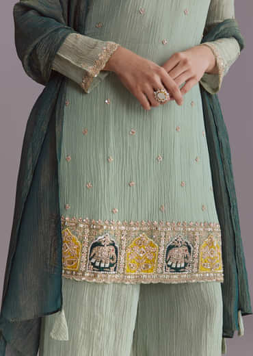 Green Tissue Palazzo Suit With Embroidery And Contrast Dupatta