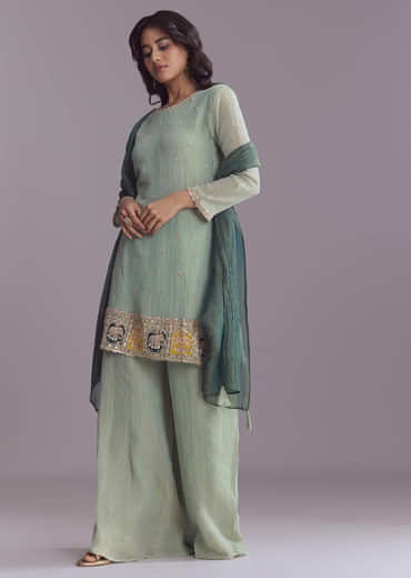 Green Tissue Palazzo Suit With Embroidery And Contrast Dupatta