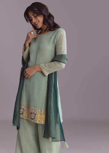 Green Tissue Palazzo Suit With Embroidery And Contrast Dupatta
