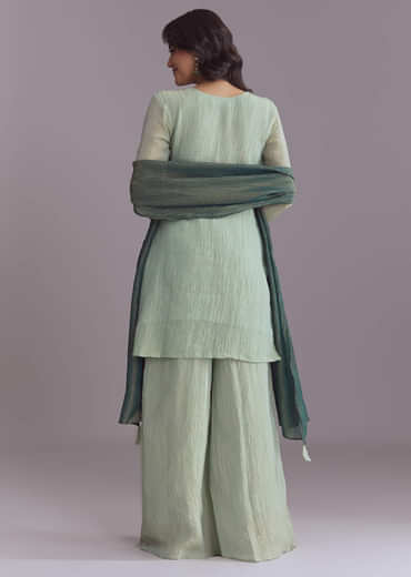 Green Tissue Palazzo Suit With Embroidery And Contrast Dupatta