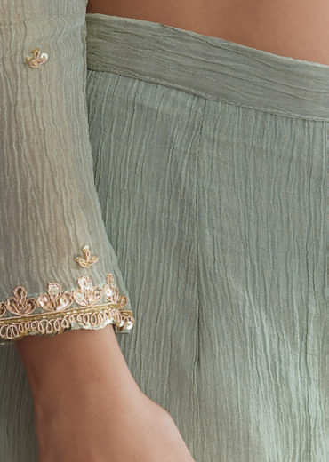 Green Tissue Palazzo Suit With Embroidery And Contrast Dupatta