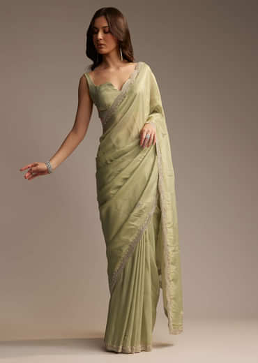 Green Tissue Saree with Cutdana and Sequin Embroidery