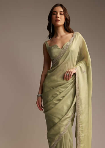 Green Tissue Saree with Cutdana and Sequin Embroidery