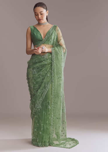 Green Tissue Saree With Jaal And Sequin Embroidery