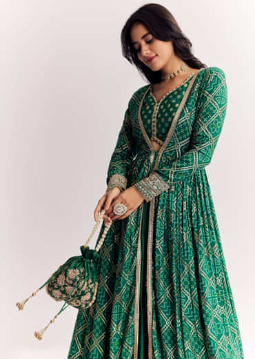 Green Weave Silk Indowestern Skirt Set With Bandhani Print Zari Work Jacket