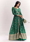 Green Weave Silk Indowestern Skirt Set With Bandhani Print Zari Work Jacket