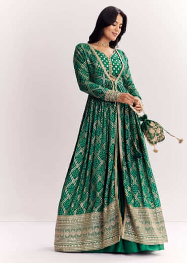Green Weave Silk Indowestern Skirt Set With Bandhani Print Zari Work Jacket