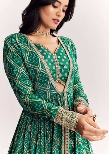 Green Weave Silk Indowestern Skirt Set With Bandhani Print Zari Work Jacket