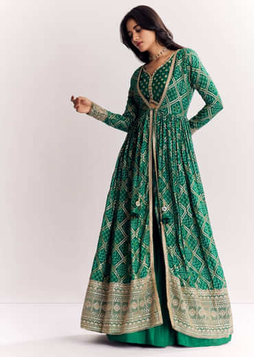 Green Weave Silk Indowestern Skirt Set With Bandhani Print Zari Work Jacket
