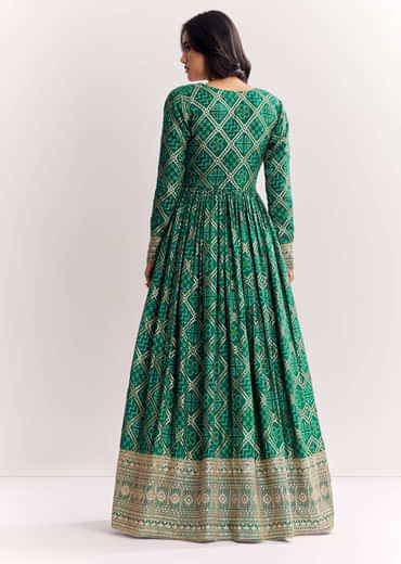 Green Weave Silk Indowestern Skirt Set With Bandhani Print Zari Work Jacket