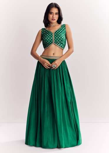 Green Weave Silk Indowestern Skirt Set With Bandhani Print Zari Work Jacket