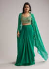 Green Zardosi Cape Set With Crop Top And Skirt