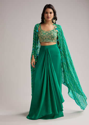 Green Zardosi Cape Set With Crop Top And Skirt