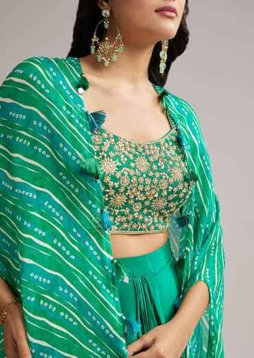 Green Zardosi Cape Set With Crop Top And Skirt